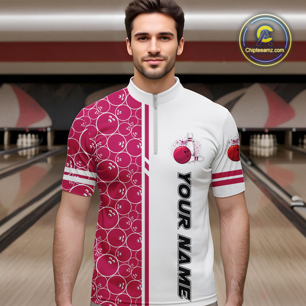 Bowling Polo, 1/4 Zip Shirt Custom white & pink camo vintage bowling shirts, bowling jersey