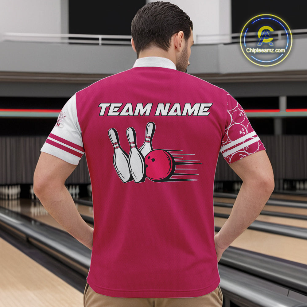 Bowling Polo, 1/4 Zip Shirt Custom white & pink camo vintage bowling shirts, bowling jersey