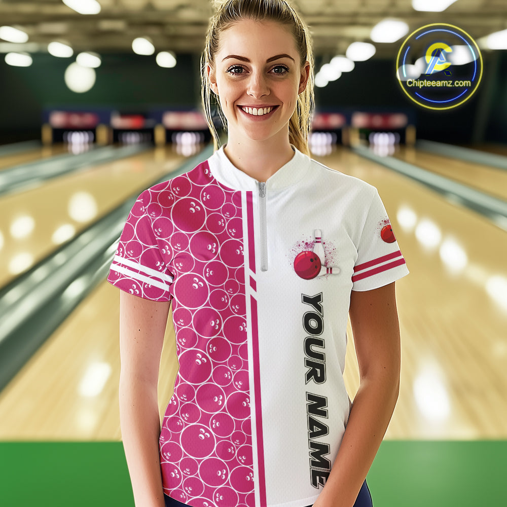 Bowling Polo, 1/4 Zip Shirt Custom retro white and pink camo vintage bowling jerseys
