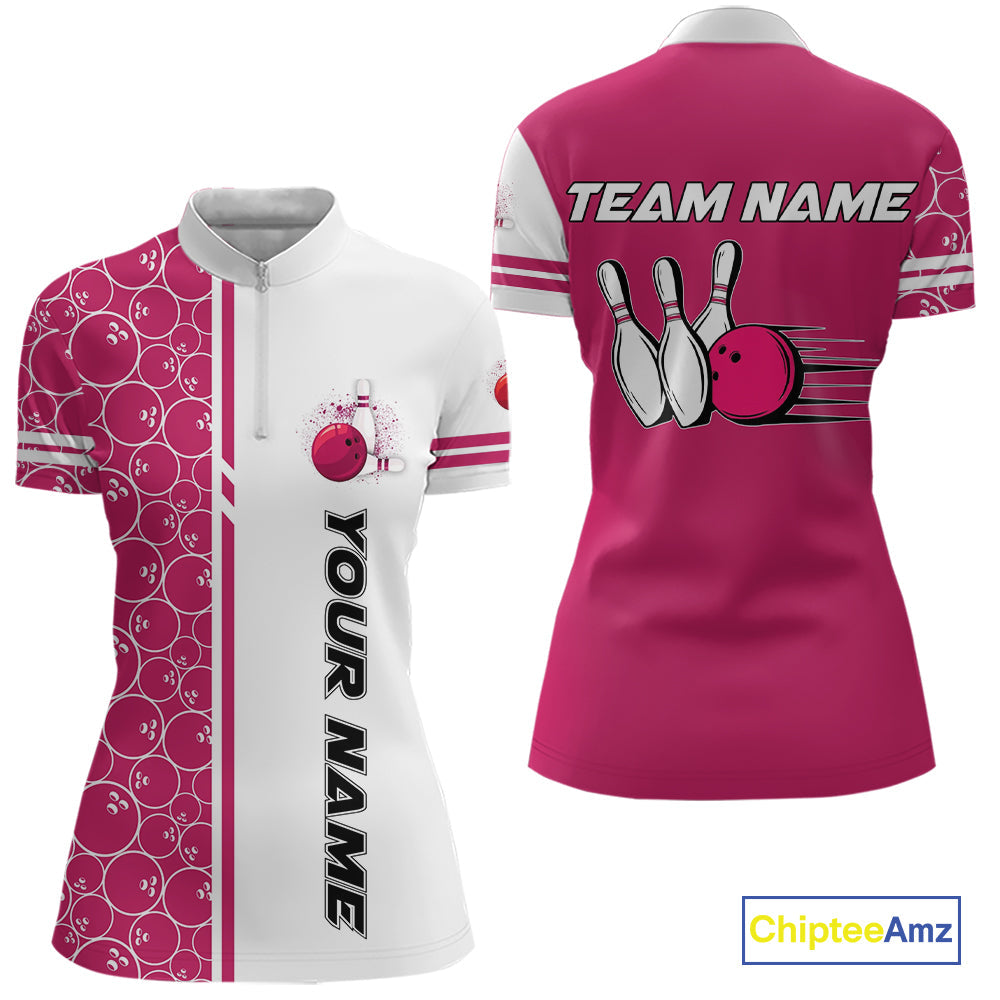 Bowling Polo, 1/4 Zip Shirt Custom retro white and pink camo vintage bowling jerseys