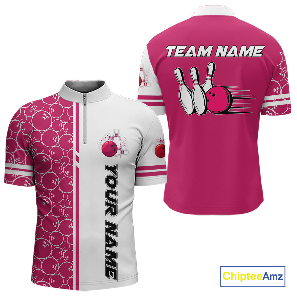 Bowling Polo, 1/4 Zip Shirt Custom white & pink camo vintage bowling shirts, bowling jersey