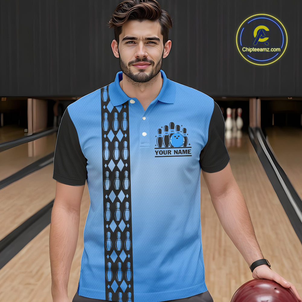 Personalized Black and Blue Retro Bowling Polo, Quarter Zip Team Shirts Custom Bowling Gifts