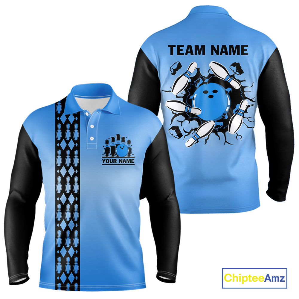 Personalized Black and Blue Retro Bowling Polo, Quarter Zip Team Shirts Custom Bowling Gifts