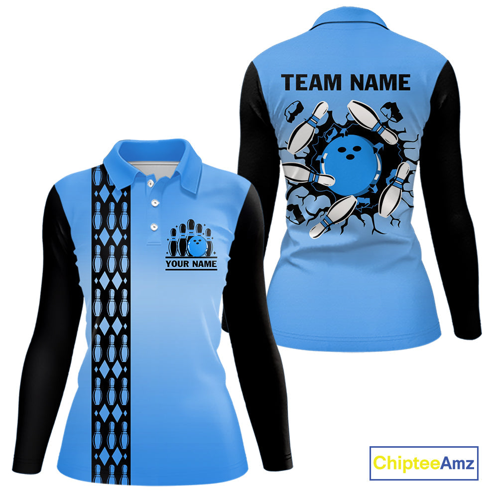 Personalized Black and Blue Retro Bowling Polo, Quarter Zip Team Shirts Custom Bowling Gift