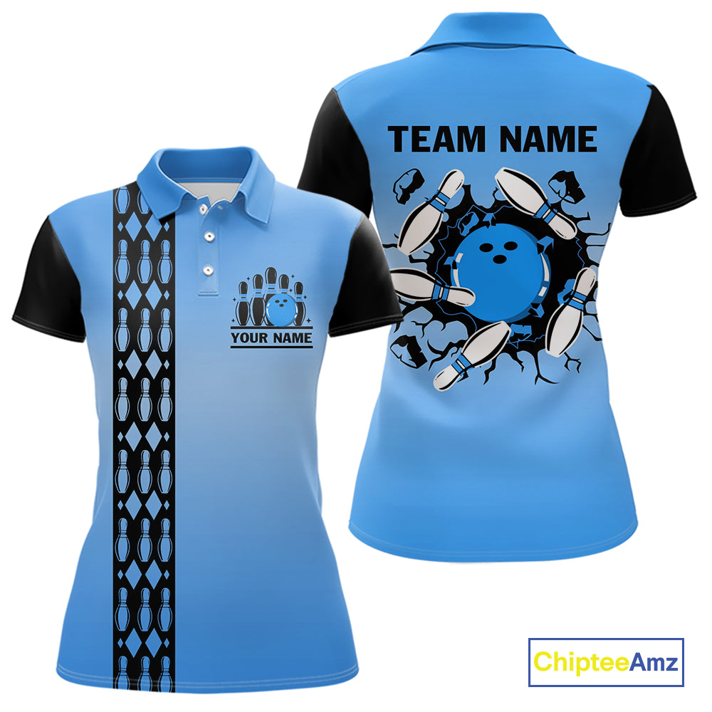 Personalized Black and Blue Retro Bowling Polo, Quarter Zip Team Shirts Custom Bowling Gift