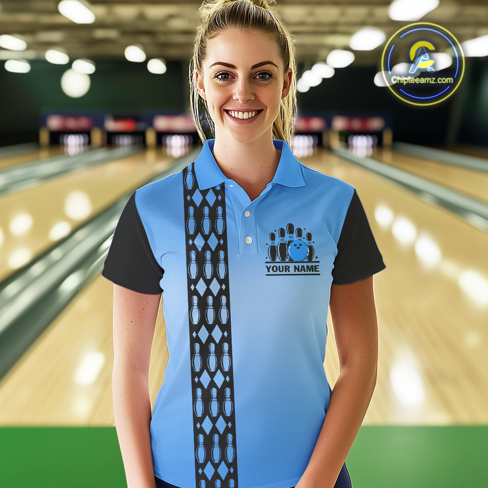 Personalized Black and Blue Retro Bowling Polo, Quarter Zip Team Shirts Custom Bowling Gift
