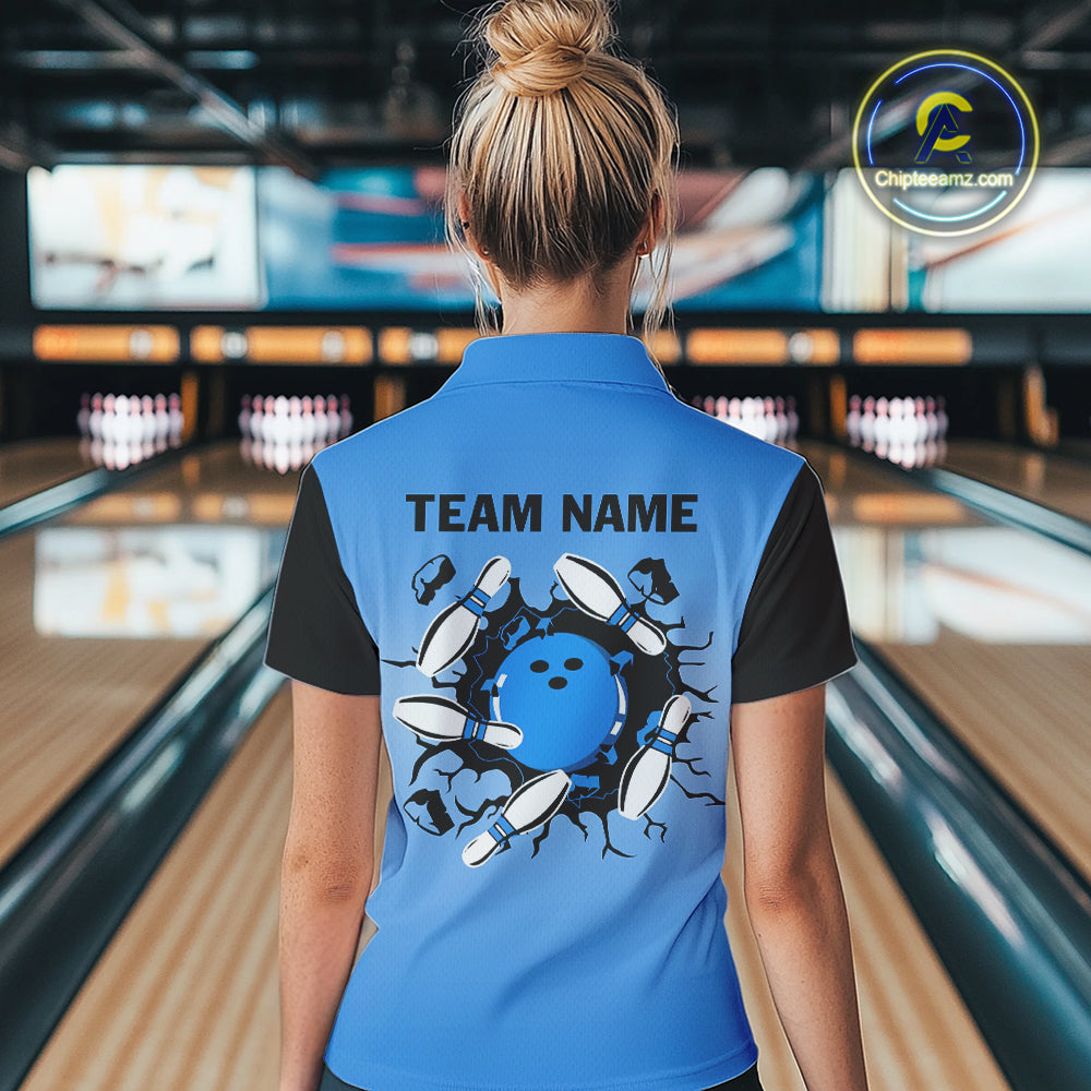 Personalized Black and Blue Retro Bowling Polo, Quarter Zip Team Shirts Custom Bowling Gift