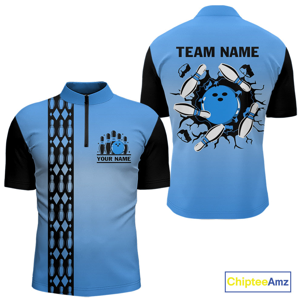 Personalized Black and Blue Retro Bowling Polo, Quarter Zip Team Shirts Custom Bowling Gifts
