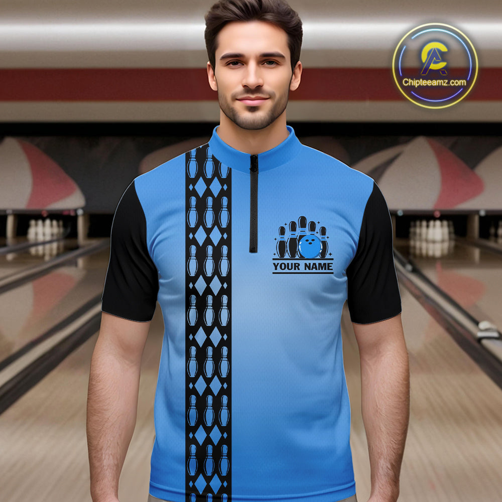 Personalized Black and Blue Retro Bowling Polo, Quarter Zip Team Shirts Custom Bowling Gifts