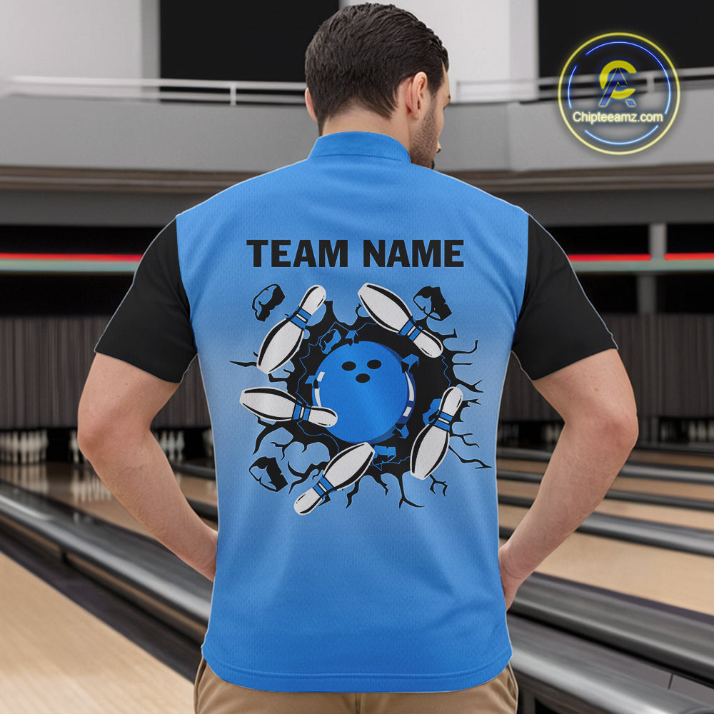 Personalized Black and Blue Retro Bowling Polo, Quarter Zip Team Shirts Custom Bowling Gifts