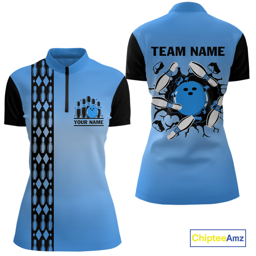 Personalized Black and Blue Retro Bowling Polo, Quarter Zip Team Shirts Custom Bowling Gift