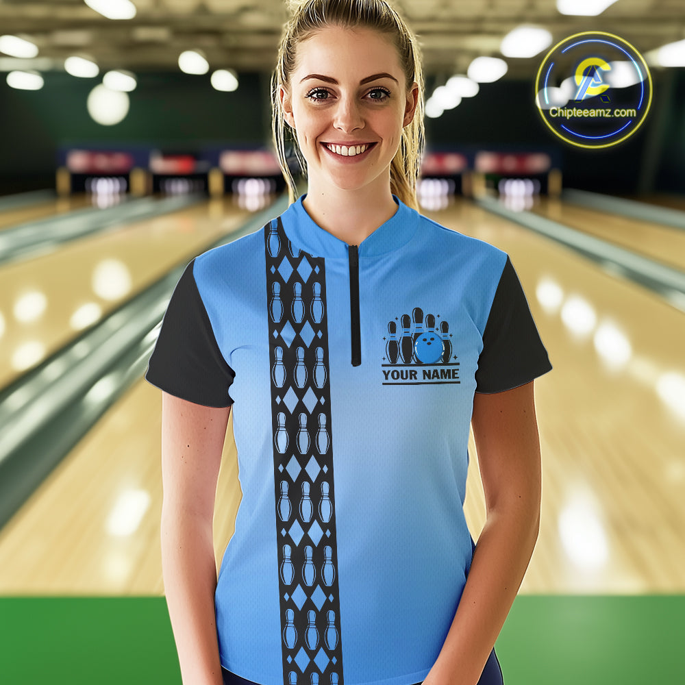 Personalized Black and Blue Retro Bowling Polo, Quarter Zip Team Shirts Custom Bowling Gift