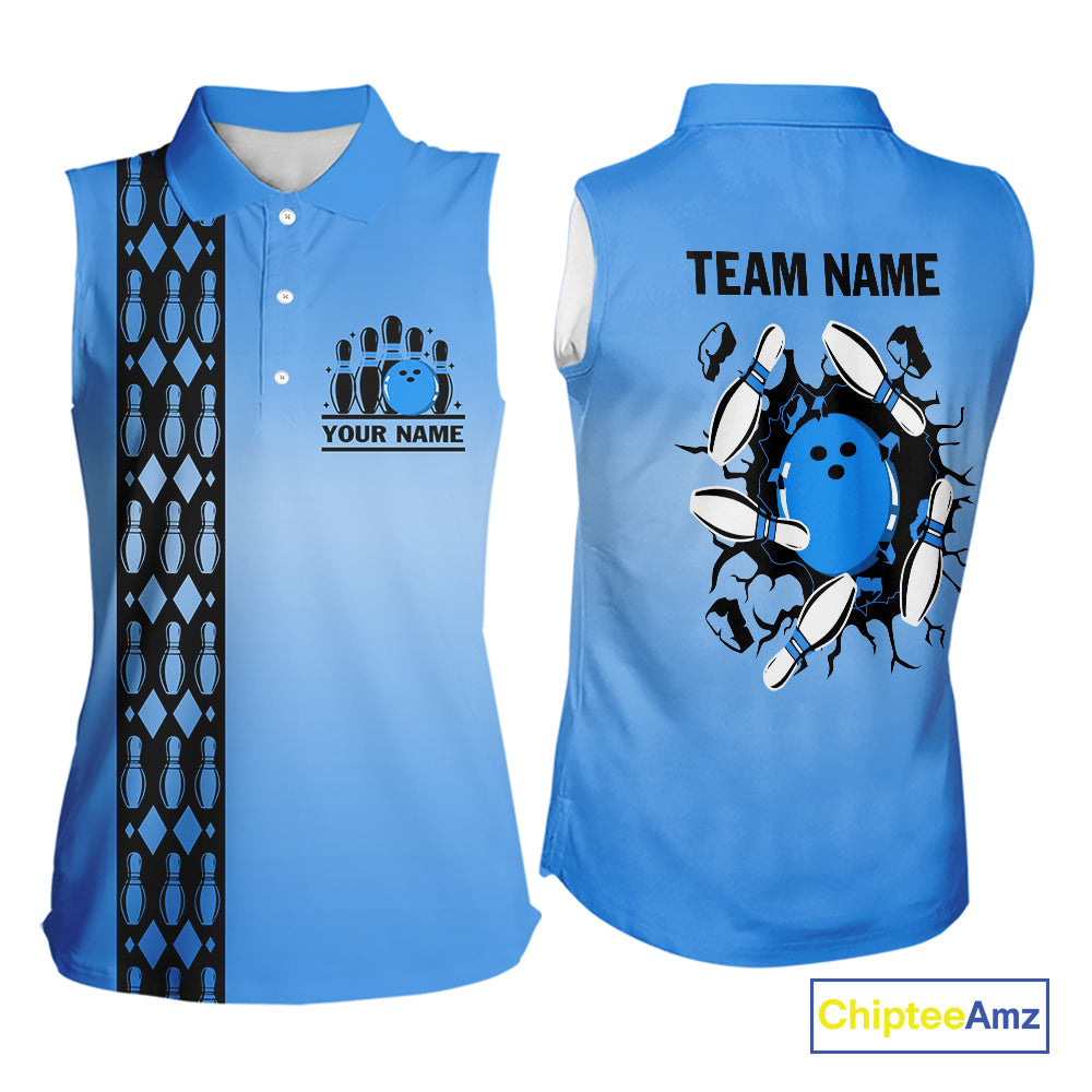 Personalized Black and Blue Retro Bowling Sleeveless Polo Team Shirts Custom Bowling Gift