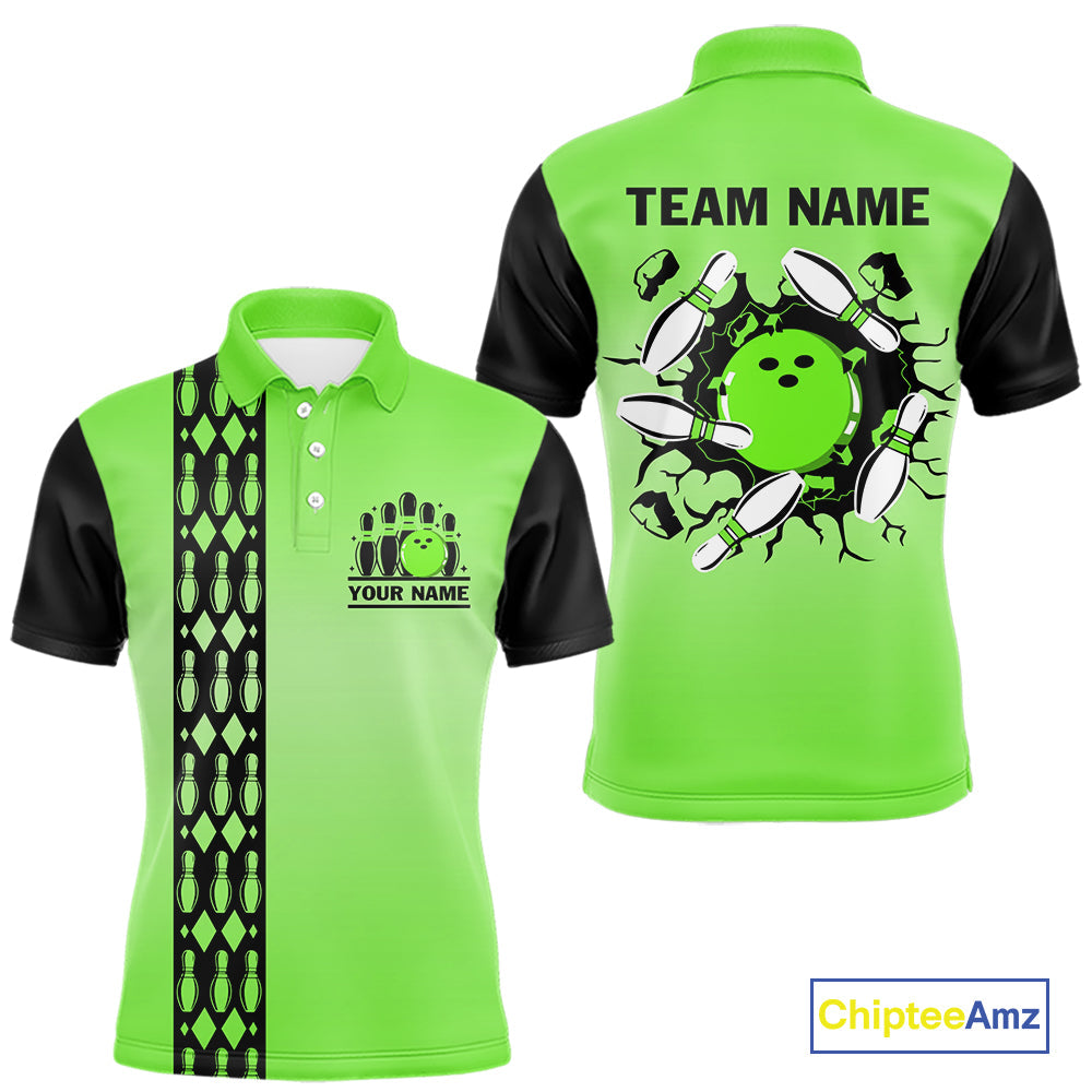 Personalized Black and Green Retro Bowling Polo, Quarter Zip Team Shirts Custom Bowling Gifts