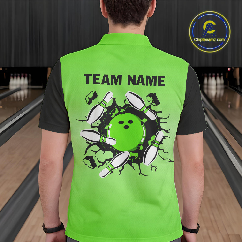 Personalized Black and Green Retro Bowling Polo, Quarter Zip Team Shirts Custom Bowling Gifts