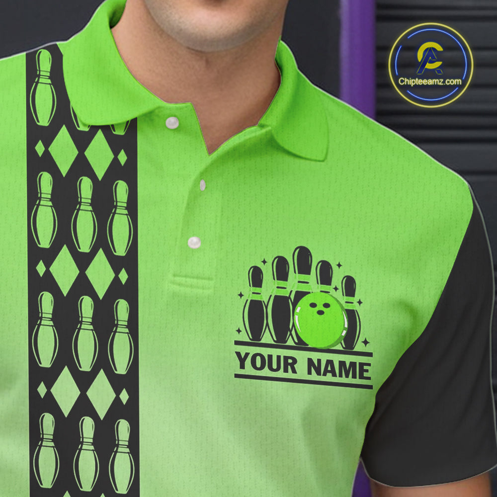 Personalized Black and Green Retro Bowling Polo, Quarter Zip Team Shirts Custom Bowling Gifts