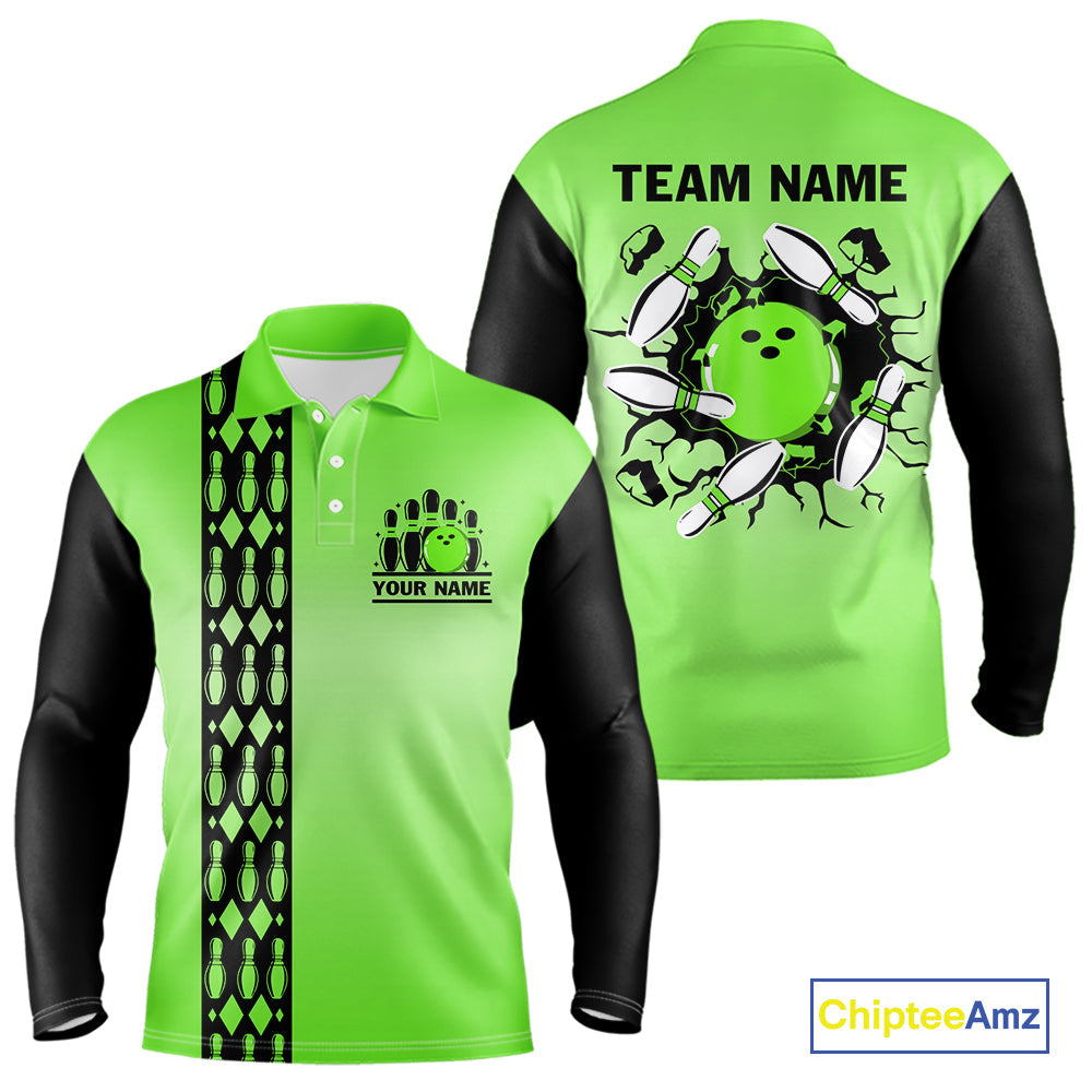 Personalized Black and Green Retro Bowling Polo, Quarter Zip Team Shirts Custom Bowling Gifts
