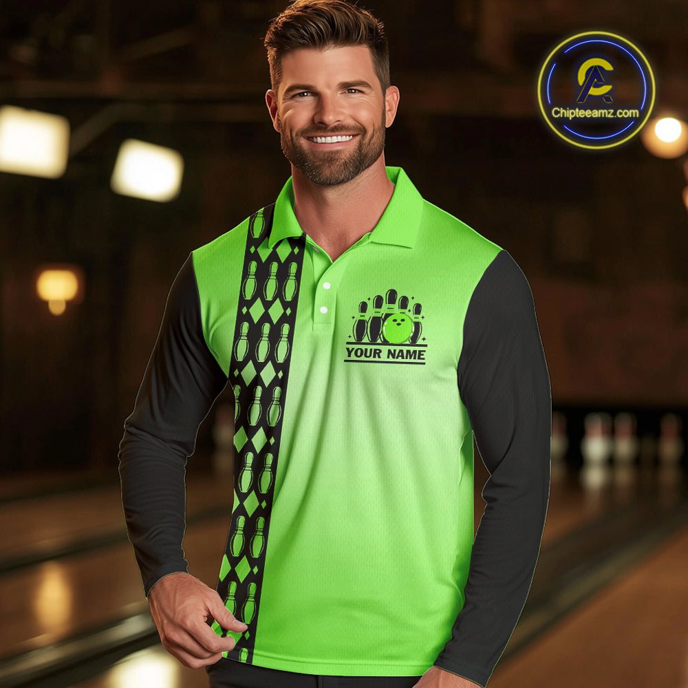 Personalized Black and Green Retro Bowling Polo, Quarter Zip Team Shirts Custom Bowling Gifts