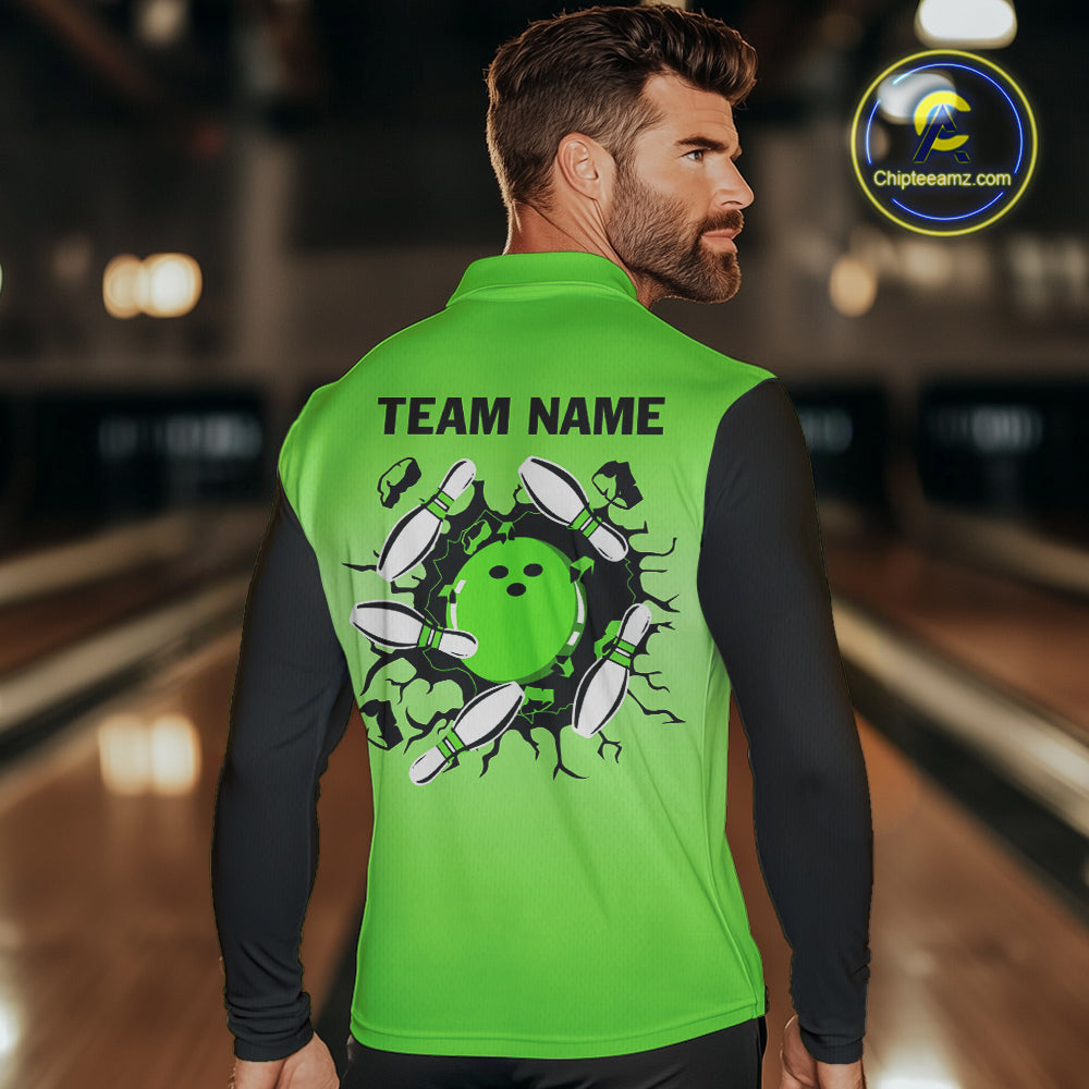 Personalized Black and Green Retro Bowling Polo, Quarter Zip Team Shirts Custom Bowling Gifts