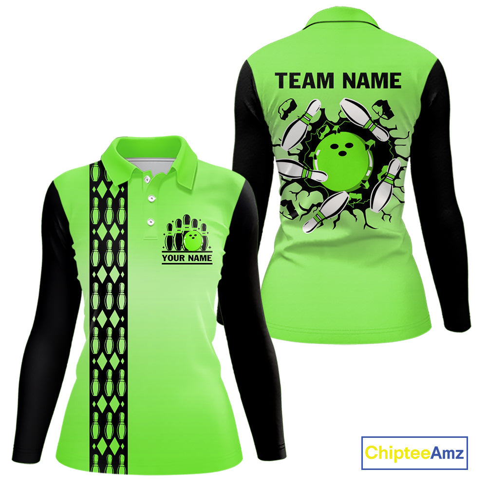 Personalized Black and Green Retro Bowling Polo, Quarter Zip Team Shirt Custom Bowling Gift