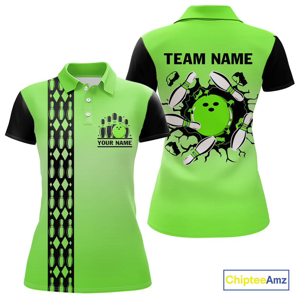 Personalized Black and Green Retro Bowling Polo, Quarter Zip Team Shirt Custom Bowling Gift