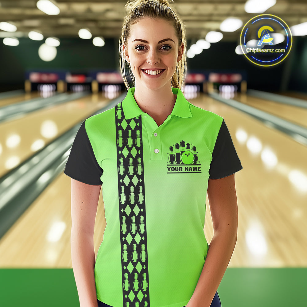Personalized Black and Green Retro Bowling Polo, Quarter Zip Team Shirt Custom Bowling Gift