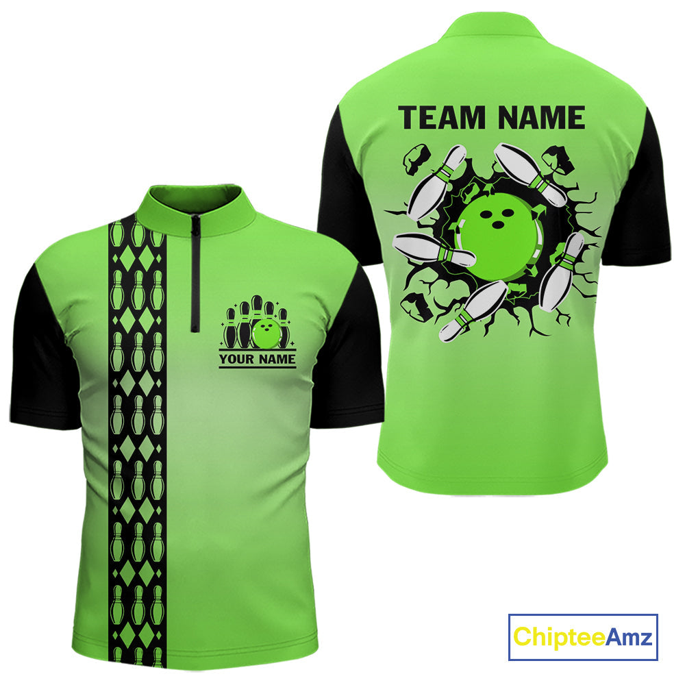 Personalized Black and Green Retro Bowling Polo, Quarter Zip Team Shirts Custom Bowling Gifts