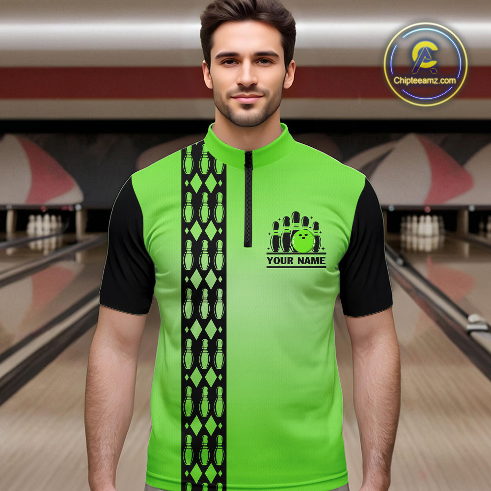Personalized Black and Green Retro Bowling Polo, Quarter Zip Team Shirts Custom Bowling Gifts