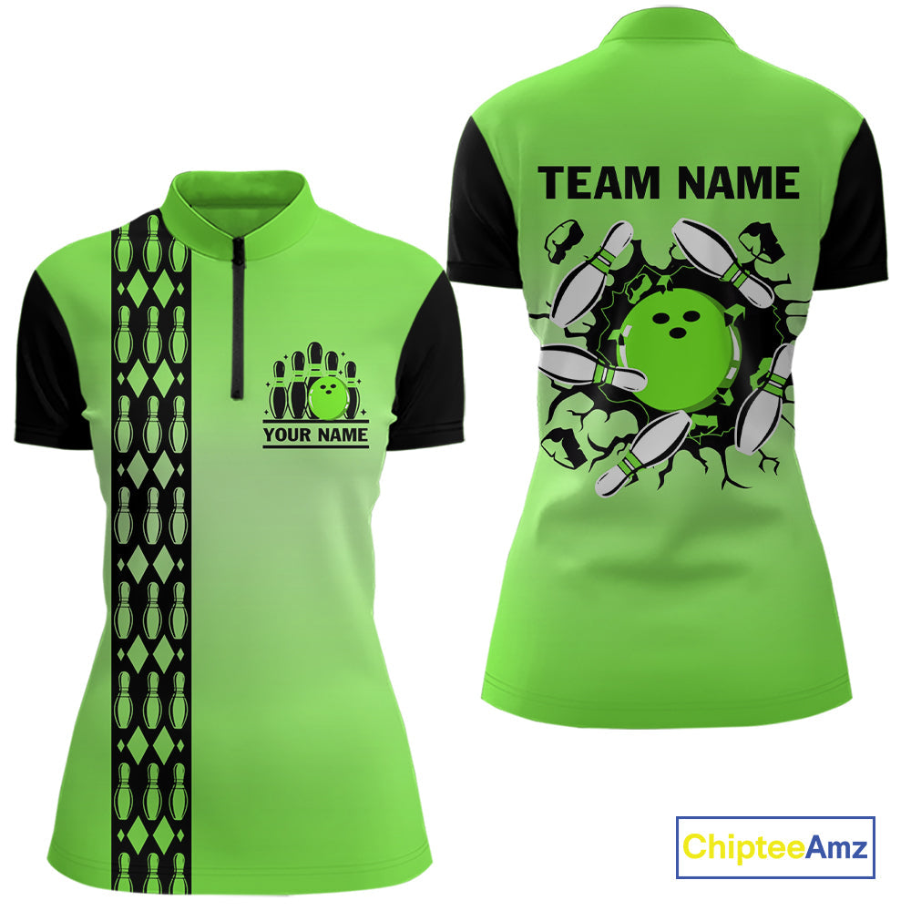 Personalized Black and Green Retro Bowling Polo, Quarter Zip Team Shirt Custom Bowling Gift