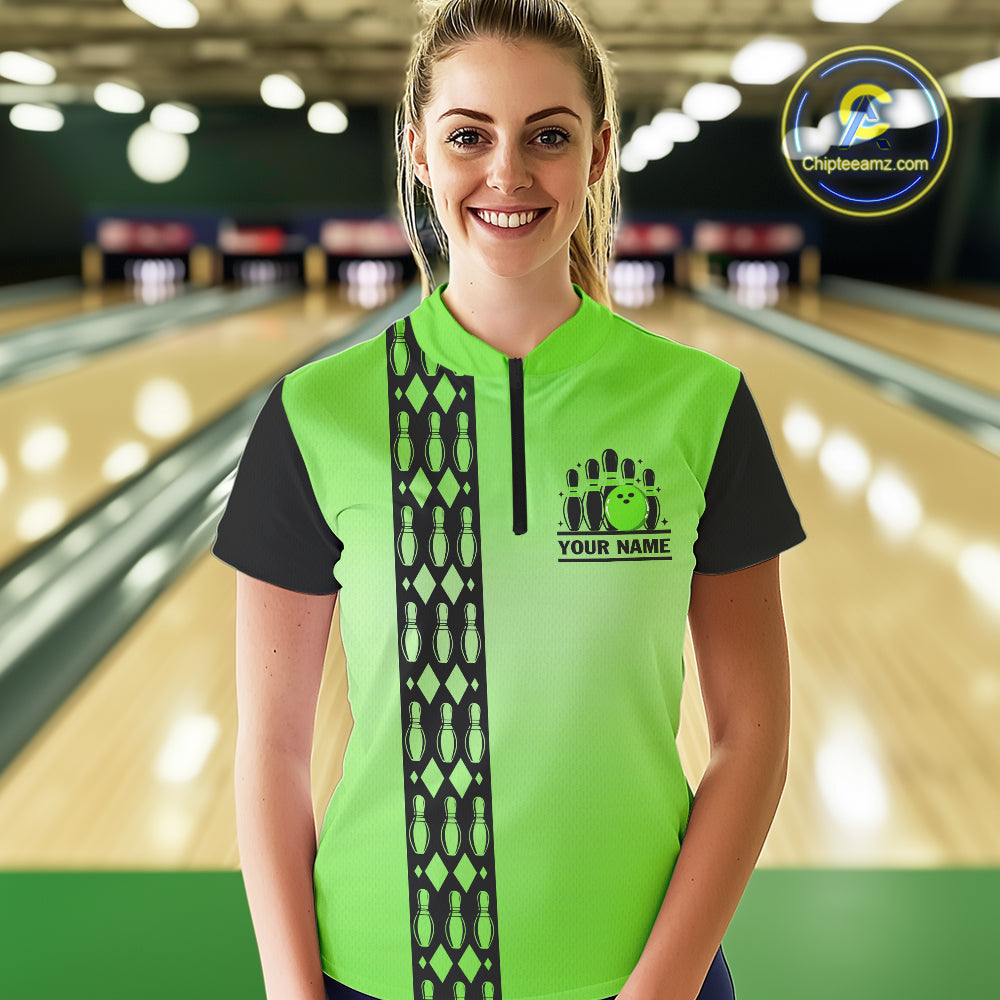 Personalized Black and Green Retro Bowling Polo, Quarter Zip Team Shirt Custom Bowling Gift