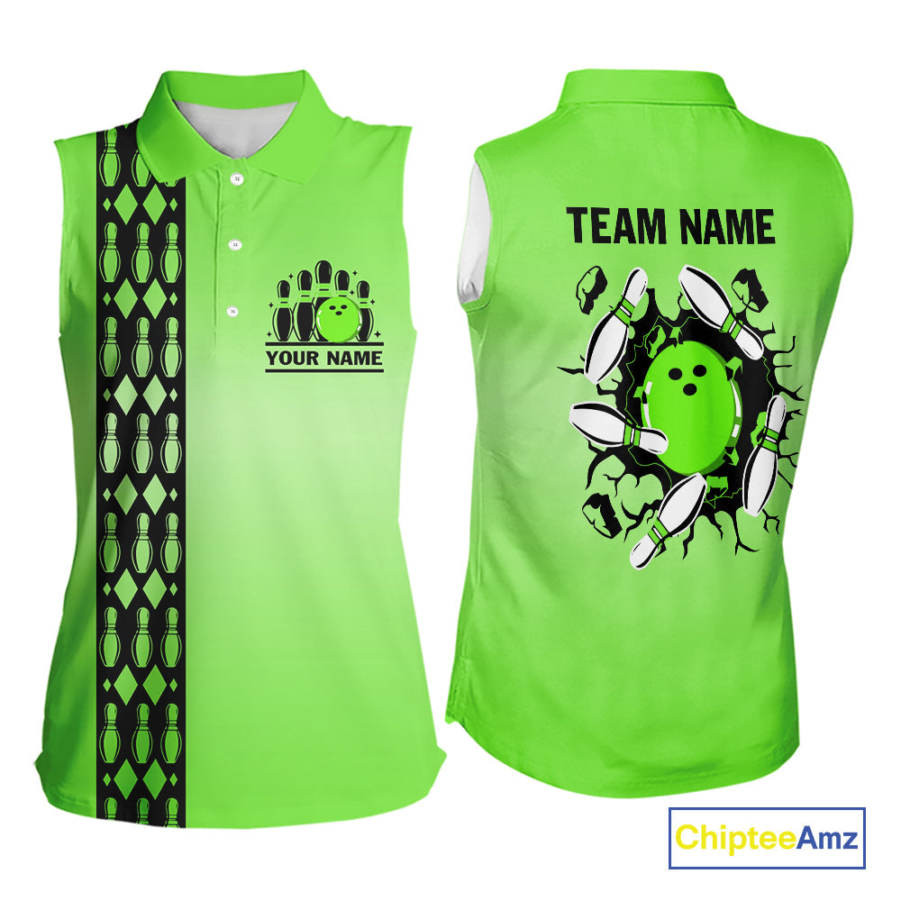 Personalized Black and Green Retro Bowling Sleeveless Polo Team Shirt Custom Bowling Gift