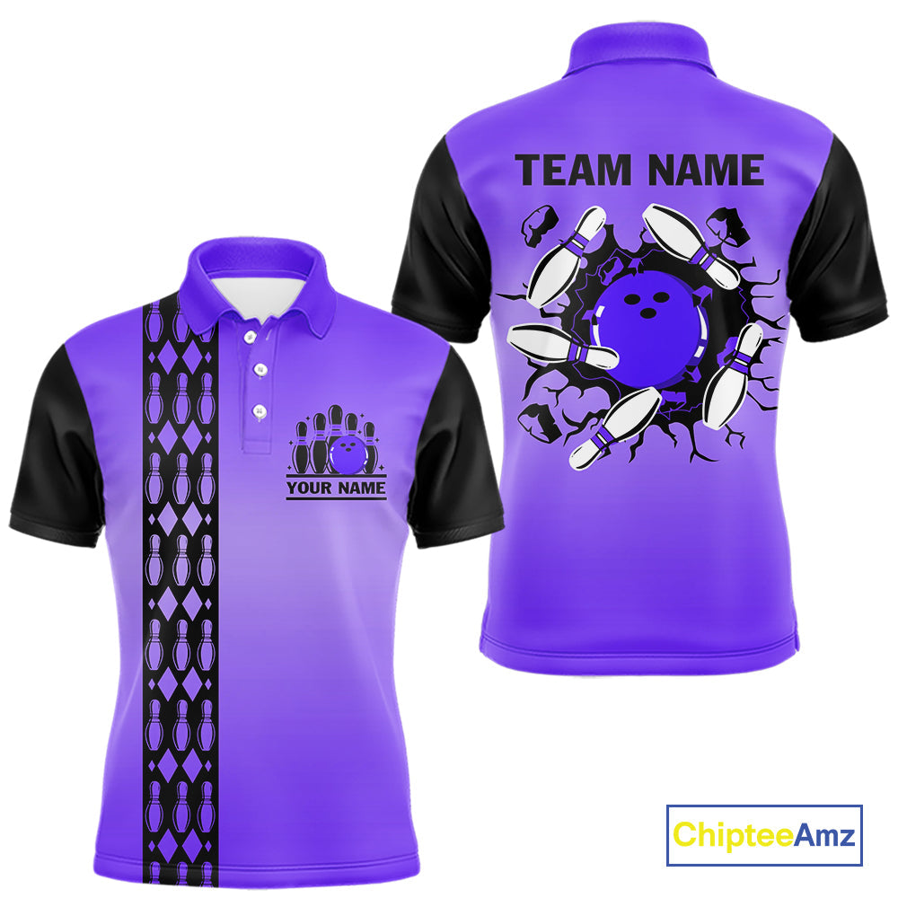 Personalized Black and Purple Retro Bowling Polo, Quarter Zip Team Shirt Custom Bowling Gifts
