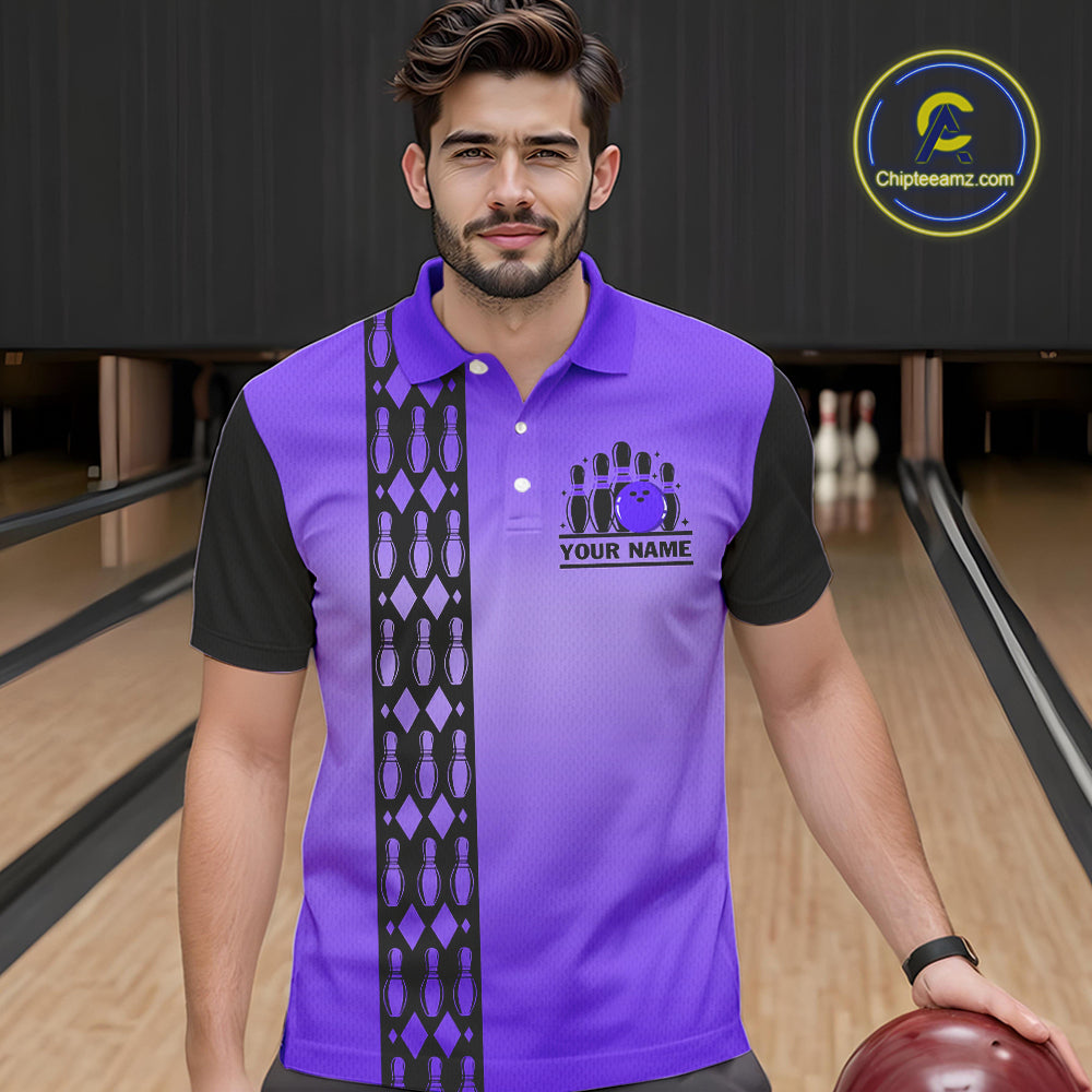 Personalized Black and Purple Retro Bowling Polo, Quarter Zip Team Shirt Custom Bowling Gifts