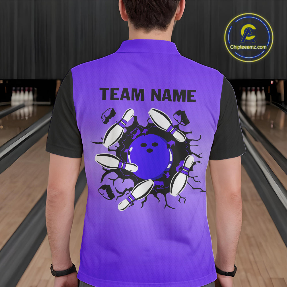 Personalized Black and Purple Retro Bowling Polo, Quarter Zip Team Shirt Custom Bowling Gifts