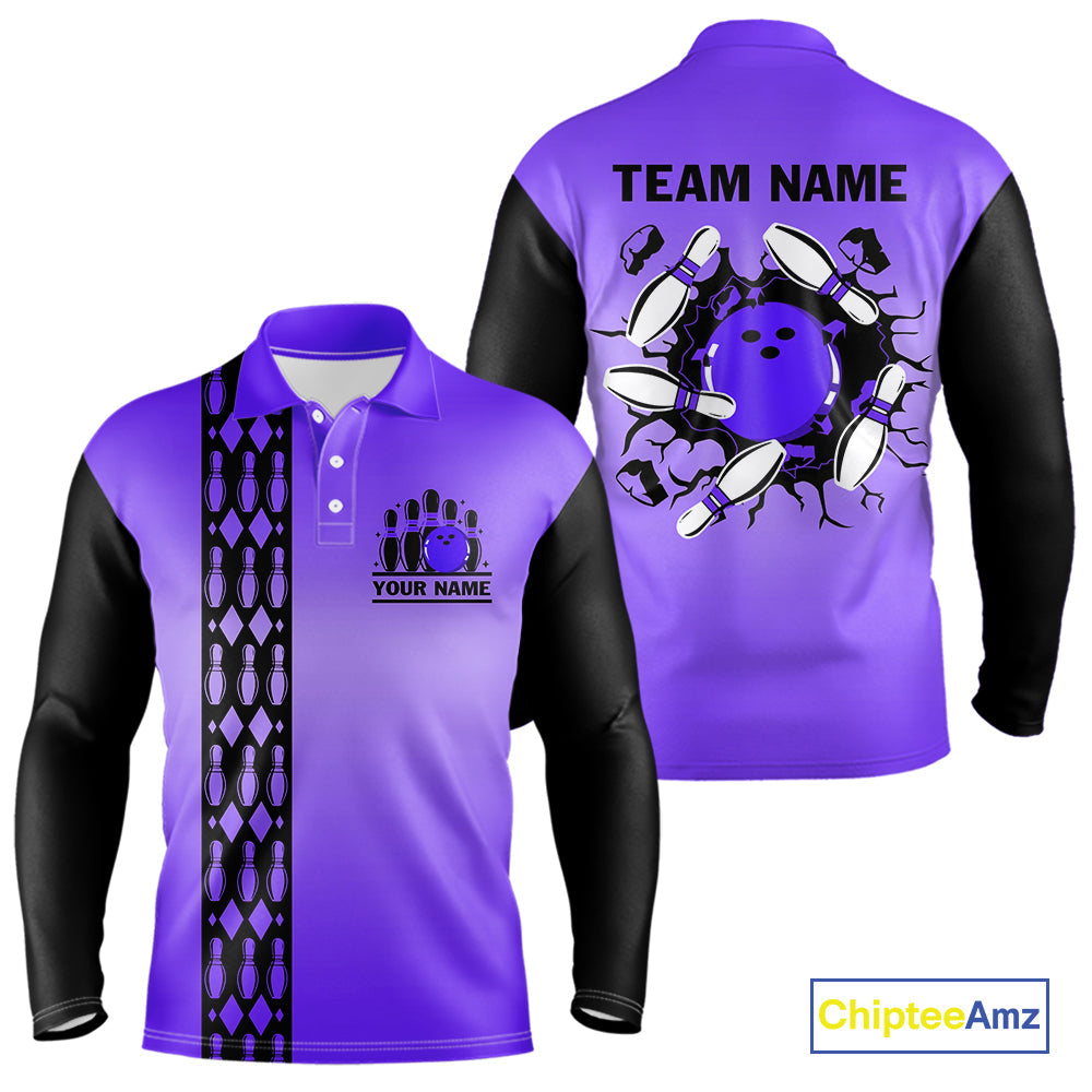 Personalized Black and Purple Retro Bowling Polo, Quarter Zip Team Shirt Custom Bowling Gifts