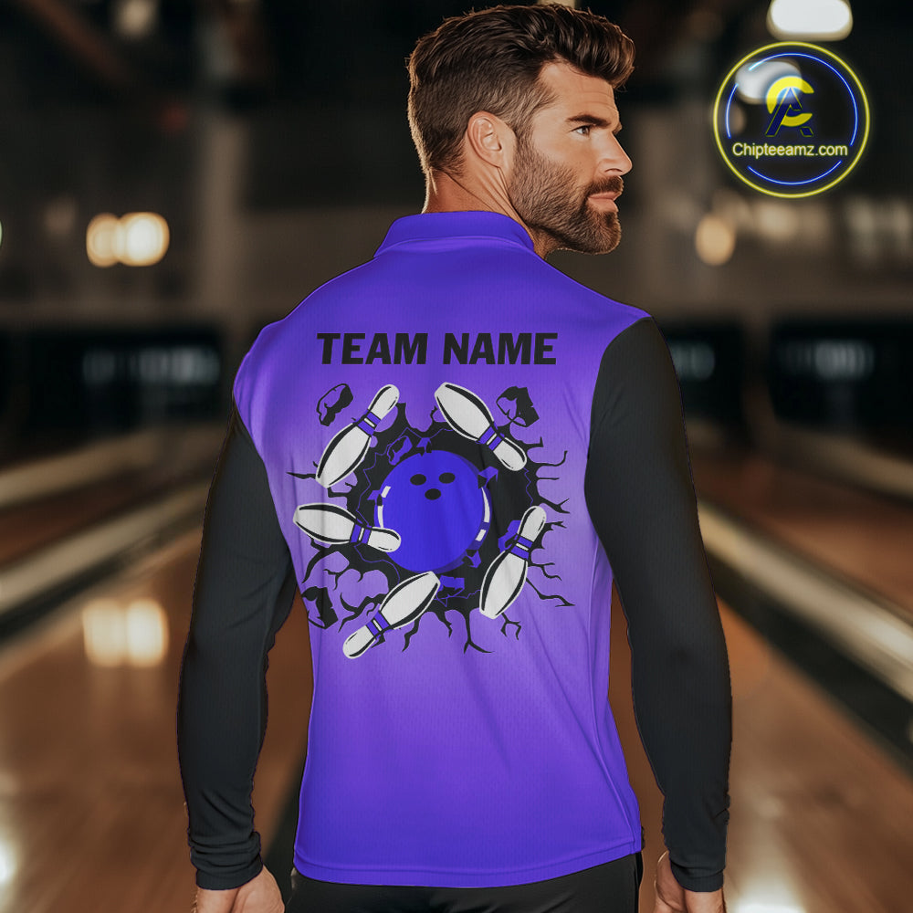 Personalized Black and Purple Retro Bowling Polo, Quarter Zip Team Shirt Custom Bowling Gifts