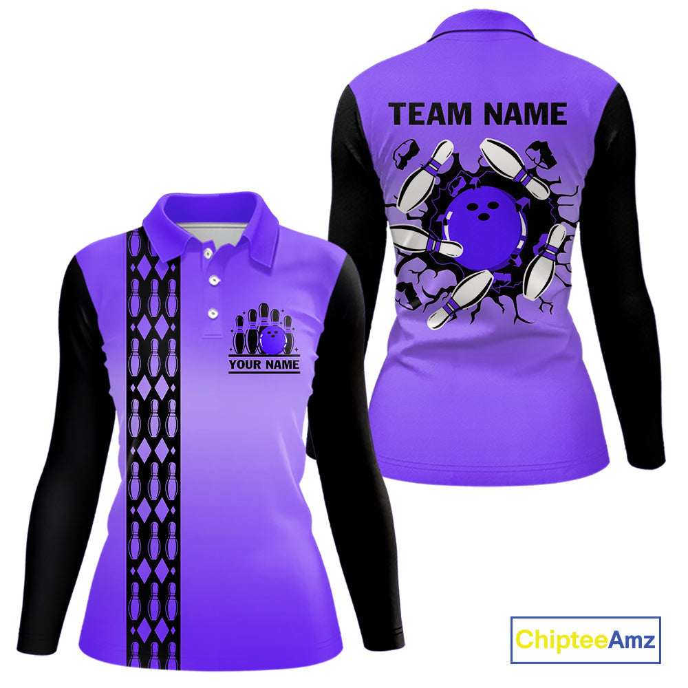 Personalized Black & Purple Retro Bowling Polo, Quarter Zip Team Shirt Custom Bowling Gift