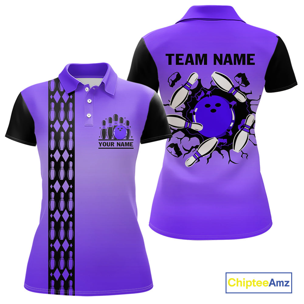 Personalized Black & Purple Retro Bowling Polo, Quarter Zip Team Shirt Custom Bowling Gift