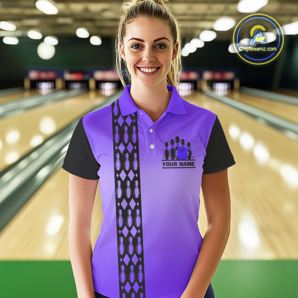 Personalized Black & Purple Retro Bowling Polo, Quarter Zip Team Shirt Custom Bowling Gift