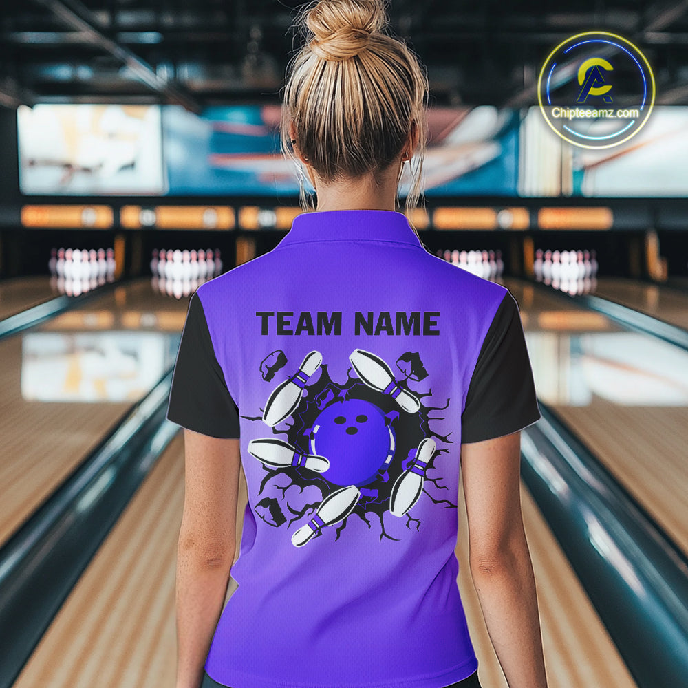 Personalized Black & Purple Retro Bowling Polo, Quarter Zip Team Shirt Custom Bowling Gift