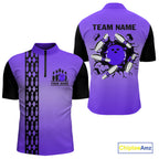 Personalized Black and Purple Retro Bowling Polo, Quarter Zip Team Shirt Custom Bowling Gifts