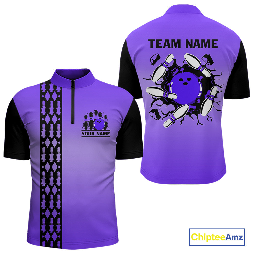 Personalized Black and Purple Retro Bowling Polo, Quarter Zip Team Shirt Custom Bowling Gifts