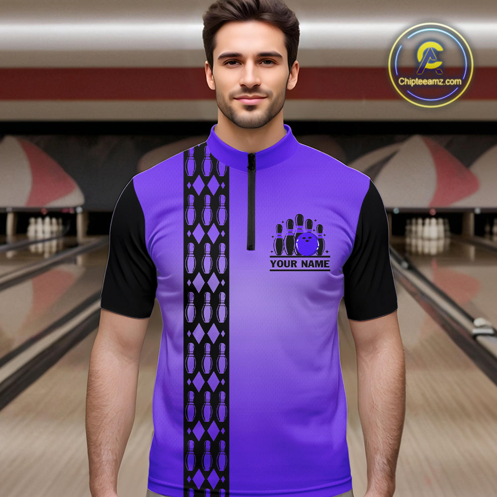 Personalized Black and Purple Retro Bowling Polo, Quarter Zip Team Shirt Custom Bowling Gifts