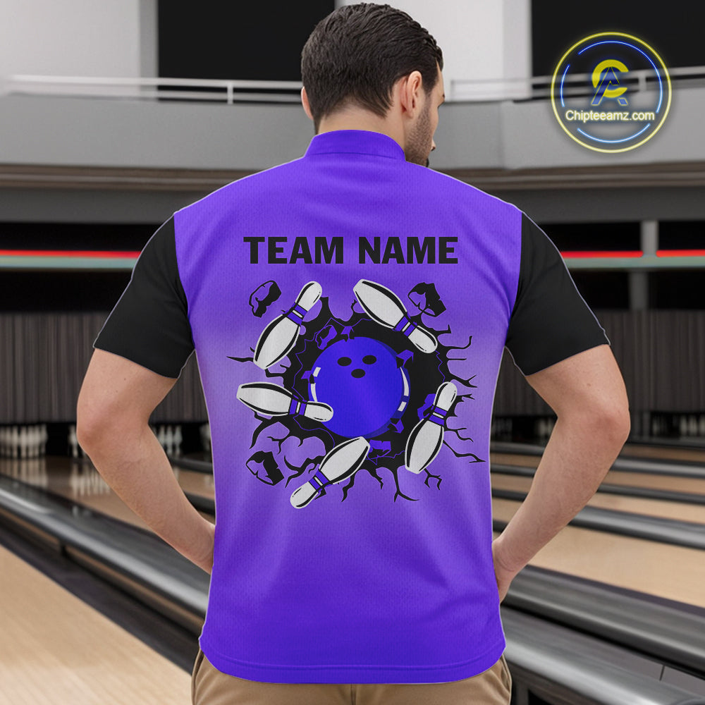 Personalized Black and Purple Retro Bowling Polo, Quarter Zip Team Shirt Custom Bowling Gifts