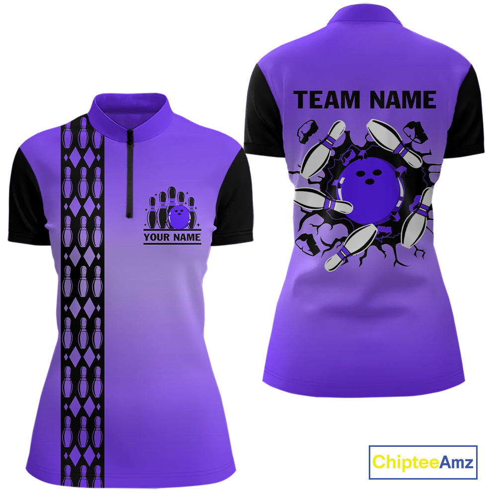 Personalized Black & Purple Retro Bowling Polo, Quarter Zip Team Shirt Custom Bowling Gift