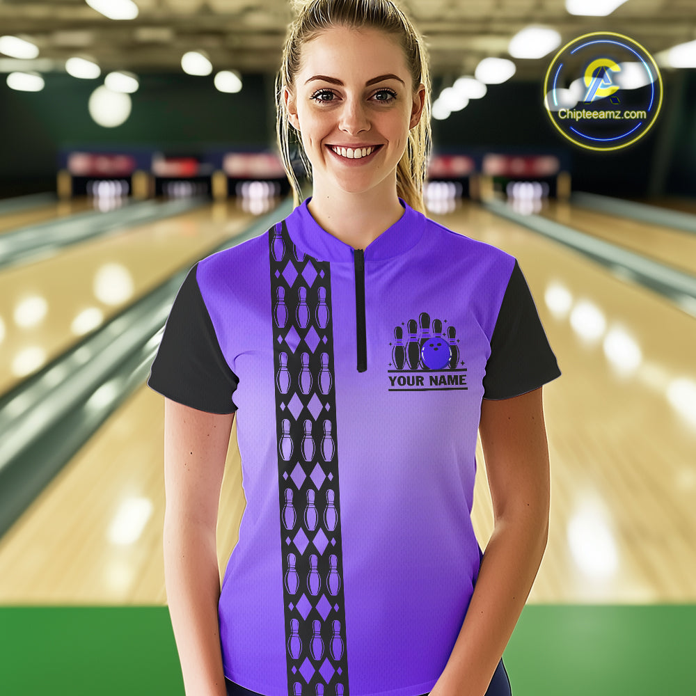 Personalized Black & Purple Retro Bowling Polo, Quarter Zip Team Shirt Custom Bowling Gift