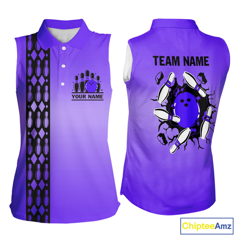 Personalized Black & Purple Retro Bowling Sleeveless Polo Team Shirt Custom Bowling Gift