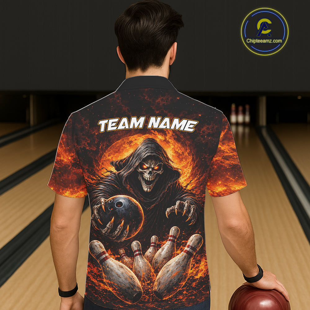 Personalized Skull Hawaiian Bowling Jerseys Custom Black and Orange Bowling Team button up shirt