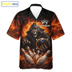 Personalized Skull Hawaiian Bowling Jerseys Custom Black and Orange Bowling Team button up shirt