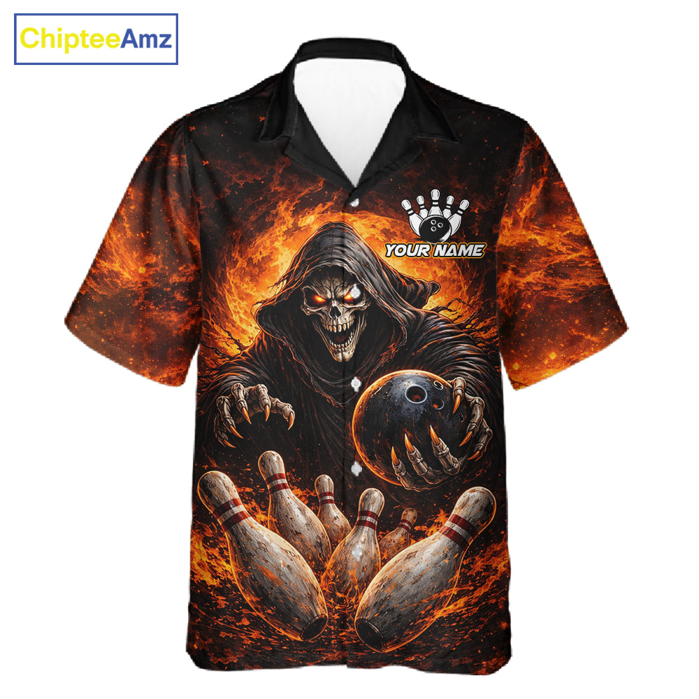 Personalized Skull Hawaiian Bowling Jerseys Custom Black and Orange Bowling Team button up shirt